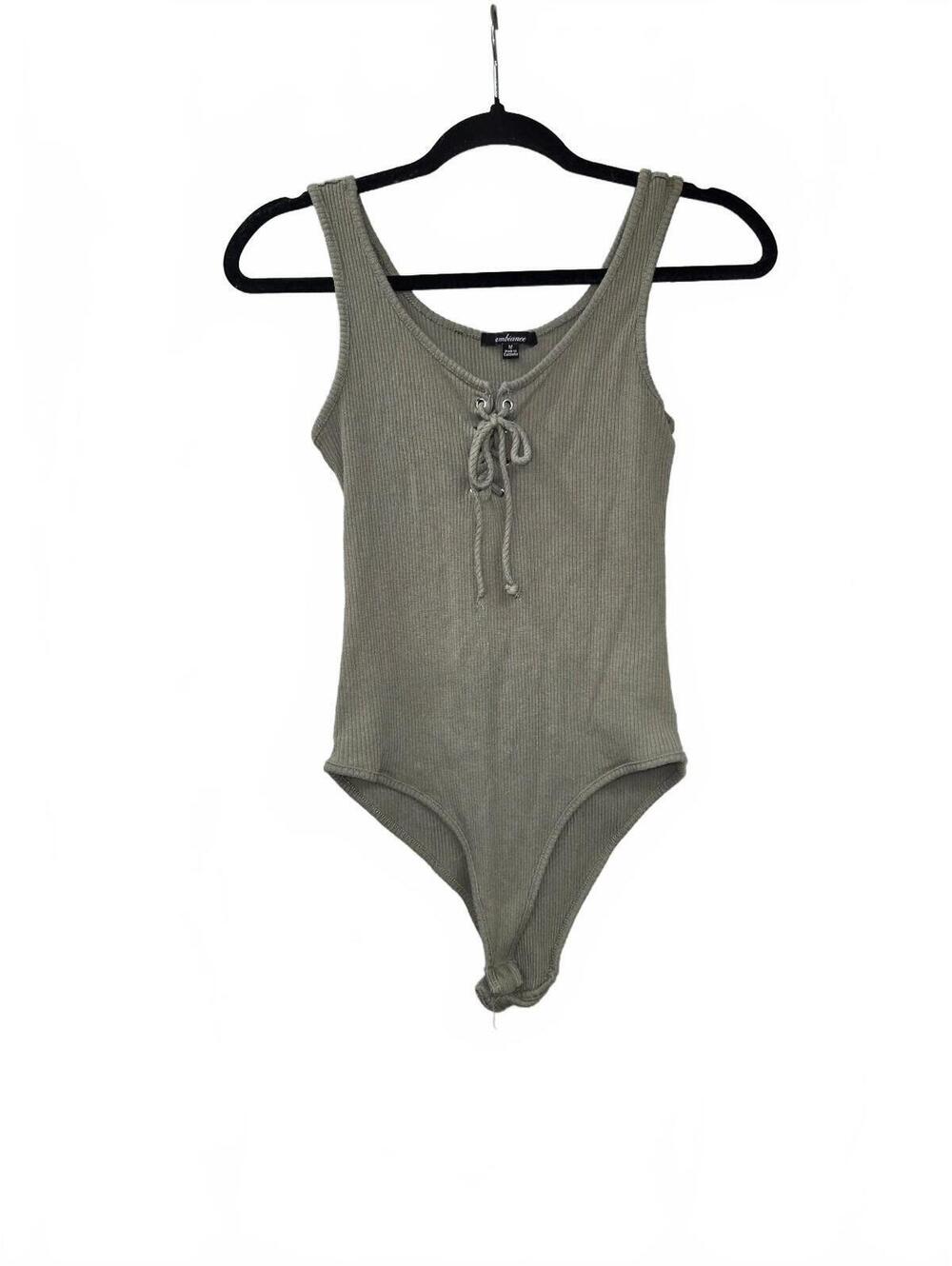 Ambiance Medium Olive Green Ribbed Tank Bodysuit with Lace-Up Front